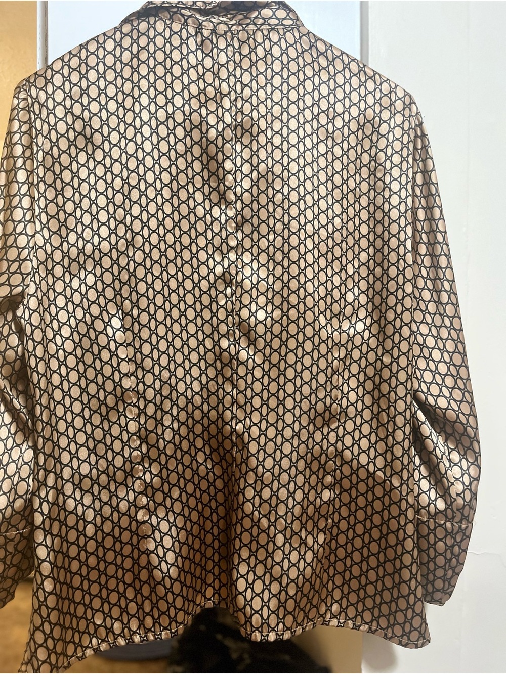 Womens Satin Geometric Brown Blouse - Long Sleeve Button-Back